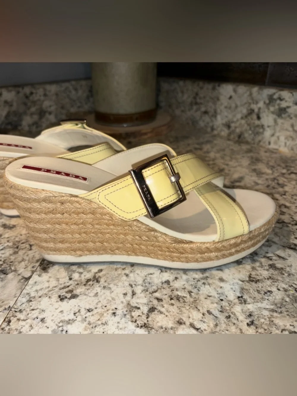 Prada Espadrille Wedge Sandals Yellow Leather Buckle Platform Made in Italy EUC